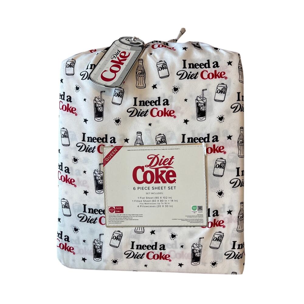 I Need a Diet Coke QUEEN Sheet Set White & Red Coca-Cola Bedding 4 Piece Set NEW
